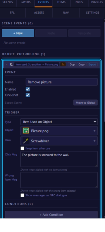 Event panel showing triggers, conditions, and actions