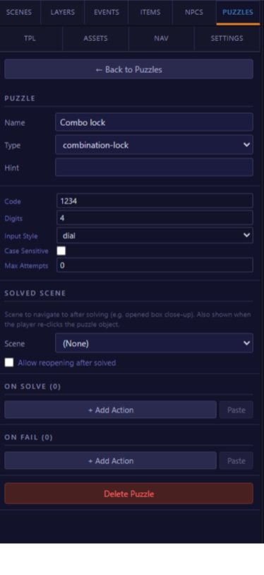 Combination lock puzzle configuration panel