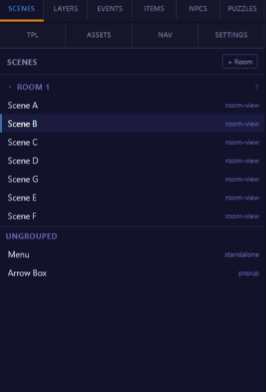 Room panel showing scenes organized by room